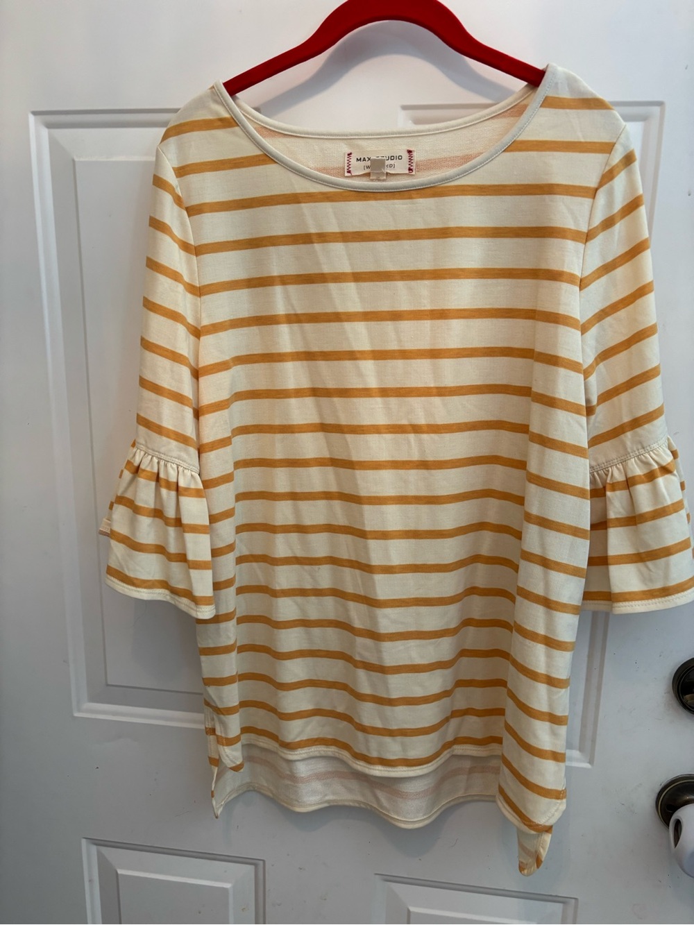 Max Studio Cream and Yellow Striped Ruffle Sleeve Tee